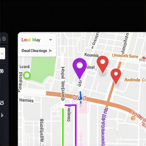 A modern car dashboard displaying local business pins on a map for proximity-based search results.