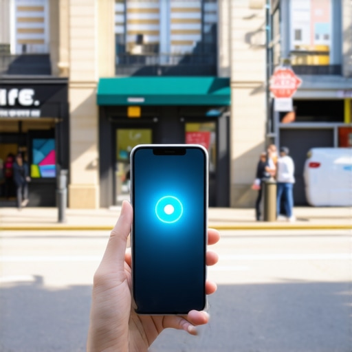 A smartphone emitting search signals toward a local business storefront on a city sidewalk.