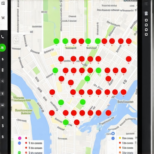 Local SEO grid tracking tool showing top map pack placements across a neighborhood map.