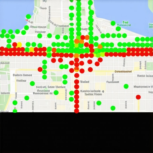 Visualizing Local Ranking Heatmaps A digital heatmap showing a business ranking top in one neighborhood but dropping in visibility several blocks away.