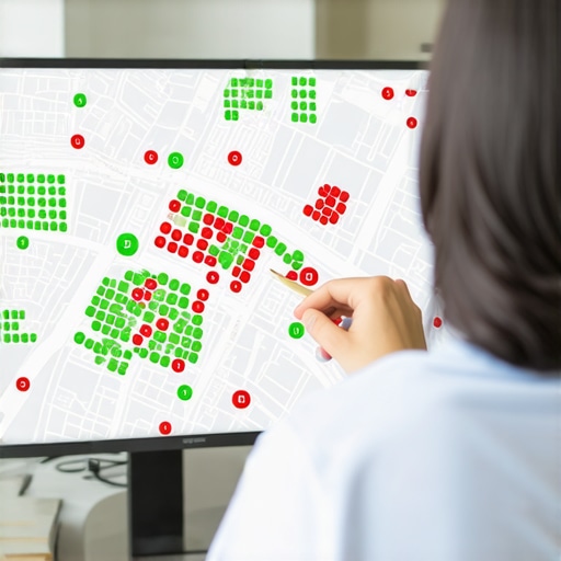 Visualizing Map Pack Placement with Local Search Heatmaps A computer screen showing a local search grid map with ranking markers across a city area.