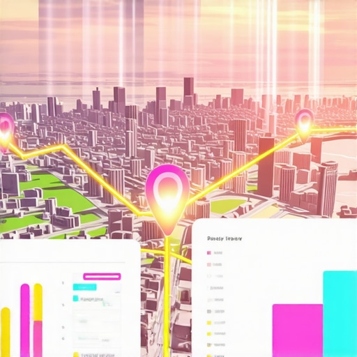 A 3D city map with glowing pins and a growth chart showing local SEO progress.